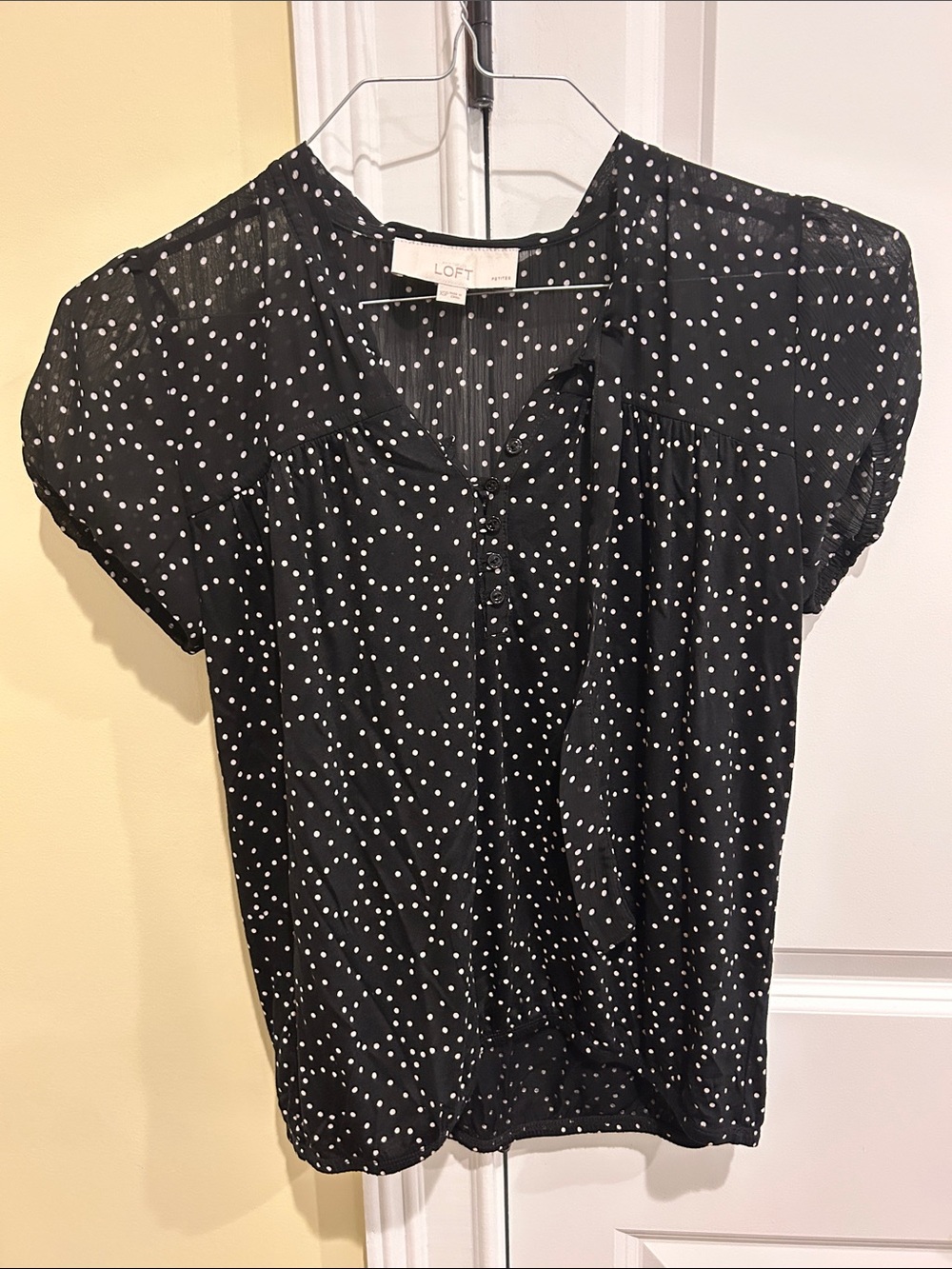 LOFT Black with White Polka Dot Cap Sleeve Blouse